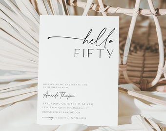 Hello Fifty Birthday Invitation Template, Adult Birthday, Women's, Boho Theme, Modern Birthday, 30th, 50th, Thirty, Download, Minimalist, 89