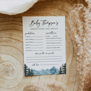 Carte de prédictions et de conseils pour bébé Pine Mountain, fête de naissance de l'aventure, forêt, hiver, modifiable, conseils de bricolage, téléchargement immédiat, 005