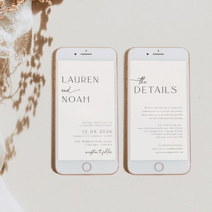 Minimalistische elektronische Hochzeitseinladung, digitale Hochzeit, moderne Online-Einladungen, Details, Hochzeits-Evite, Smartphone-Einladung, 89 Bild 1