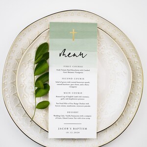 Modello di menu per battesimo con acquerello verde, menu per battesimo modificabile, menu per battesimo stampabile, doccia, cena, brunch, download immediato, 17