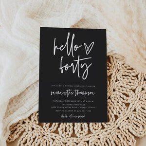 Hello Forty Birthday Invitation, Adult Birthday, Women's, Boho Theme, Black Modern Birthday, Black Birthday, 40th, Download, Minimalist, 41N