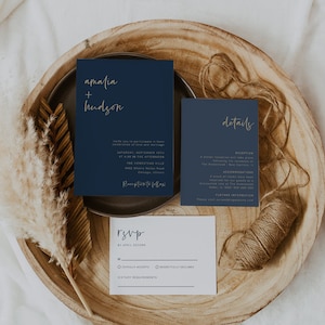 Navy and Gold Wedding Invitation Set, Modern Minimalist Wedding Invitation Template, Elegant Wedding Invites, Instant Download, Blue, 43