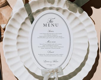 Plantilla elegante para menú de boda, tarjeta ovalada para la cena de recepción (descarga digital) 149