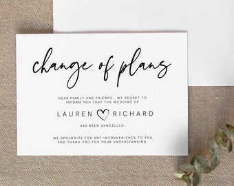 Change of Plans Wedding Card, Wedding Cancellation ,Postponed, Plan change card, Cancel Wedding, Regret INSTANT DOWNLOAD, Editable, Template