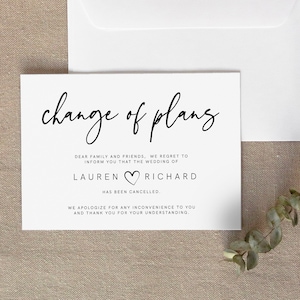 Tarjeta de cambio de planes de boda, cancelación de boda, aplazamiento, cambio de planes, cancelación de boda, arrepentimiento, descarga instantánea, editable, plantilla