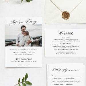 写真付き結婚式招待状セット、カリグラフィー、エレガントなフォント、素朴な結婚式、RSVP、詳細、100%編集可能なテンプレート、即時ダウンロード、Templett