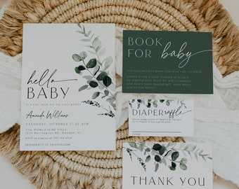 Greenery Baby Shower Invitation Set Template, Neutral Baby, Diaper Book Modern Minimalist Greenery Baby Shower, Editable, Instant, 80