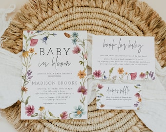 Baby In Bloom Baby Shower Invitation Template Set, Wildflower Baby Shower, Floral Invite, Spring, Summer, Editable, Printable, Download, 55