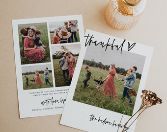 May include: A Thanksgiving card with a collage of photos of a family. The card says "thankful" with a heart and "the hudson family" with the initials "OXX".