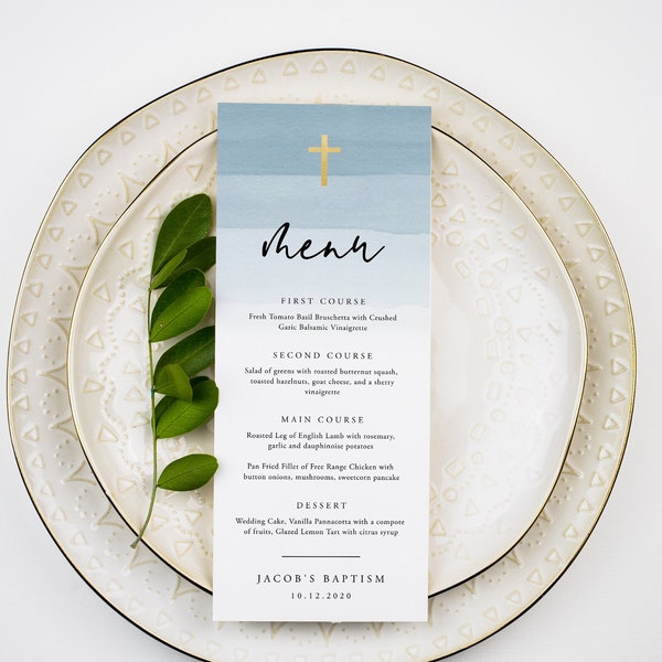 Watercolor Menu Baptism Template, Editable Baptism Menu, Printable Menu Baptism, Light Blue Baptism, Dinner, Brunch, Instant Download, 17