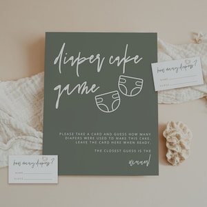 Guess How Many Diapers in the Diaper Cake Game Sign and Cards, Sage Baby Shower Game, Modern, Minimalist, Instant, Editable, Template, 41S