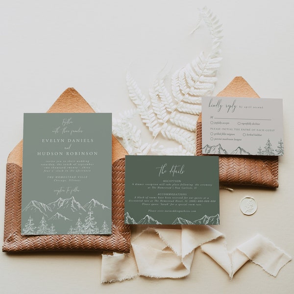 Mountain Wedding Invitation Set, Sage Green Mountain, Woodland Pine, Rustic Wedding, Lakeside Editable Template, Instant Download, 001
