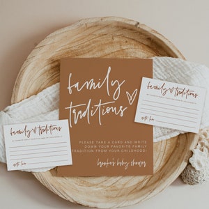 Familientraditionen Schild und Karte, Terrakotta-Babyparty, Teilen einer Erinnerung, Kindheitserinnerung, bearbeitbare Vorlage, modernes Baby, minimalistisch, 41T