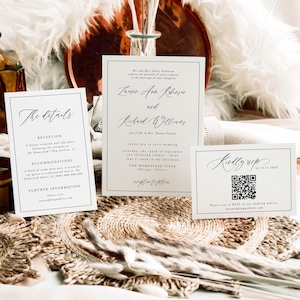Hochzeitseinladungsvorlagensatz, traditionelle Hochzeitskalligraphie, Rand, bearbeitbarer QR-Code Antwort, bedruckbar, elegante Hochzeit, 050