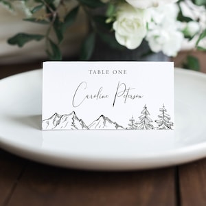 Mountain Place Card Template, with Meal Option, Printable Mountain Pine Wedding Escort Card,  INSTANT DOWNLOAD, Editable, Templett, 001