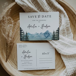 Mountain Save the Date Template, Postcard Save the Date, Mountain Postcard, Lake Rustic Winter Evergreen, 4x6, 5x7, INSTANT , Editable, 005