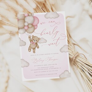 Pink Bear Balloons Baby Shower Invitation Template, We Can Bearly Wait, Pink Bear Girl Baby Shower, Pink Balloons Printable, Editable, 103