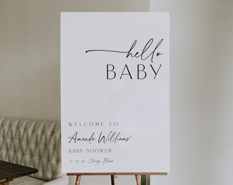 May include: White welcome sign with black calligraphy that reads "hello baby" and "Welcome to Amanda Williams' Baby Shower 10.12.26 - Chicago, Illinois".