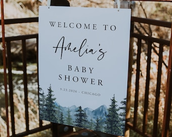 Woodland Baby Shower Welcome Sign, Adventure Awaits, Boy Outdoors Baby Shower, Rustic, Mountain Baby Shower, Pine Baby Shower, Editable, 005