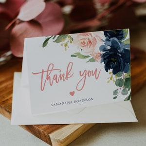 Navy Danke-Karte, Braut Braut Vorlage, gefaltet Dankeschön-Karte, Sofort Download, Navy Blush, 037