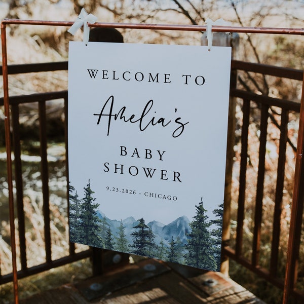 Woodland Baby Shower Welcome Sign, Adventure Awaits, Boy Outdoors Baby Shower, Rustic, Mountain Baby Shower, Pine Baby Shower, Editable, 005