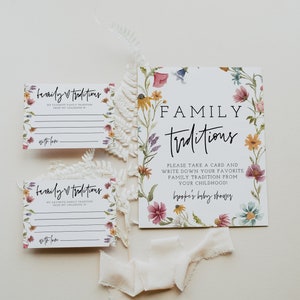 Enseigne et carte sur les traditions familiales de fleurs sauvages, baby shower, partagez un souvenir, souvenir d'enfance, modèle modifiable, baby shower de fleurs sauvages, 55