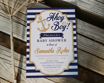 Nautical Baby Shower Invitation Template, Ahoy it's a boy, Blue and gold, Navy Blue Stripes, Glitter, Boy Baby Shower, Nautical Baby, 46