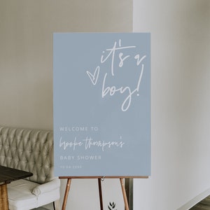 Plantilla de letrero de bienvenida "Es un niño", letrero moderno para baby shower, limpio, imprimible, descarga instantánea, baby shower azul polvoriento, dorado, editable, 41 F