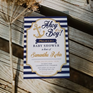 Nautical Baby Shower Invitation Template, Ahoy it&#39;s a boy, Blue and gold, Navy Blue Stripes, Glitter, Boy Baby Shower, Nautical Baby, 46