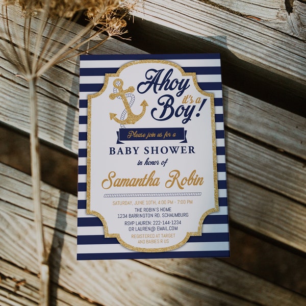 Plantilla de invitación para baby shower náutico, Ahoy es niño, azul y dorado, rayas azul marino, purpurina, baby shower para niño, bebé náutico, 46