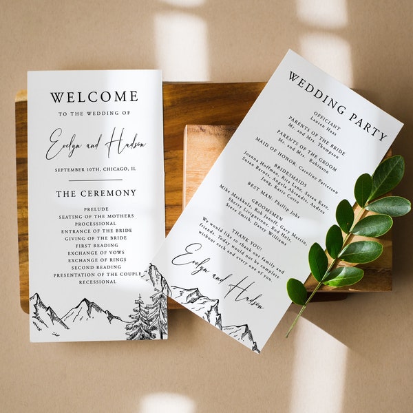 Mountain Wedding Program Template, Pine Wedding Program, Rustic Wedding Program, Printable Program Wedding, Instant, Template, 001