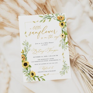 Sunflower Baby Shower Invitation Set Template, A little Sunflower, Boho Baby Shower Invitation, Floral Fall Baby Shower, Editable, 93