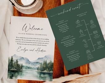 Mountain Wedding Timeline Template, Wedding Timeline, Event Timeline, Wedding Itinerary, Weekend Schedule Printable, Welcome Bag, Pine, 126