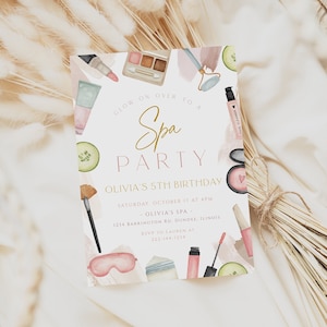 Spa Party Invitation Template, Spa Birthday Party Invitation, Glam, Makeup, Spa Blush Pink Gold, Makeup Party, Editable, Pamper Party, 117
