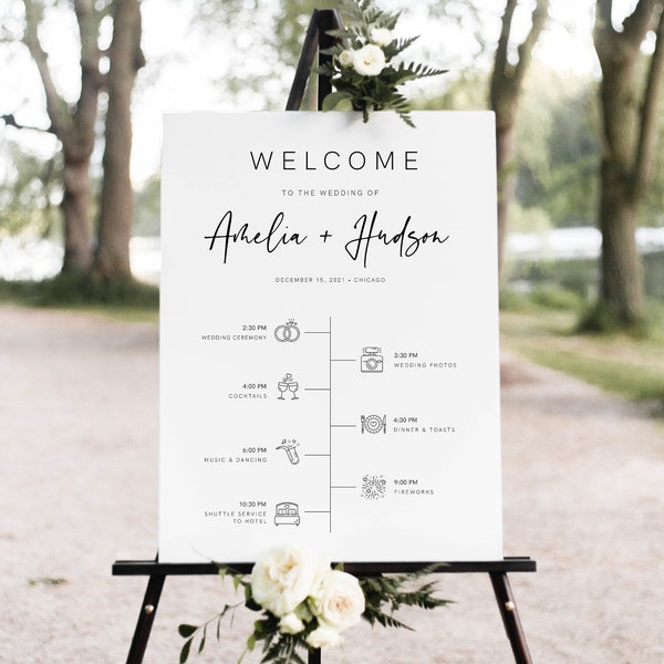 Welcome Sign Template, Printable Timeline with Wedding Day Icons, Instant Download, 100% Editable, Modern, Clean, Templett, 003