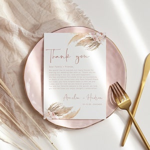 Tarjeta de agradecimiento de Pampas, carta de agradecimiento, menú de boda imprimible, plantilla editable, descarga instantánea, Templett