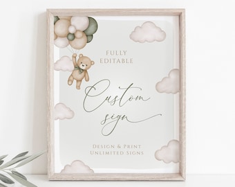 Green Balloon Bear Baby Shower Custom Sign Template, Bear Baby Shower Sign, Table Sign, Create Any Sign, Teddy Bear Baby, Editable, 103