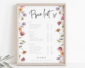 Price List Template, Small Business Price List, Editable Price Sheet, Pricing List, Salon Price List, Download, Floral, Wildflower, 55