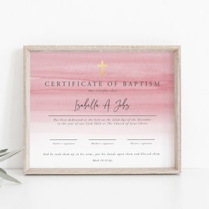 Plantilla de certificado de dedicación de bebé, certificado de dedicación de niño, certificado de bautismo imprimible, bautismo rosa, rosa rubor, editable, instantáneo, 36