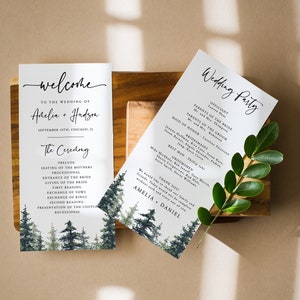 Pine Wedding Program Template, Mountain Wedding Program, Rustic Wedding Program, Lake Printable Program Wedding, Instant, Template, 005