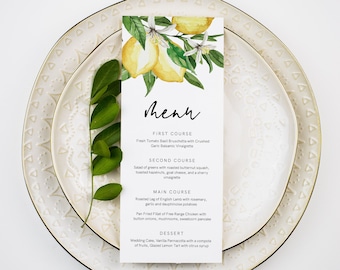 Plantilla de menú de limón, menú de cítricos, tarjeta de menú de cena de boda imprimible, texto 100% editable, DESCARGA INSTANTÁNEA, Templett