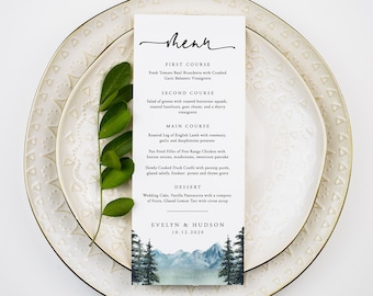 Mountain Menu Template, Woodland Lake Pine, Printable Wedding Dinner Menu Card, 100% Editable Text, INSTANT DOWNLOAD, Templett, 005