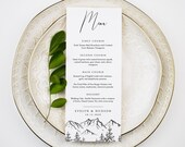 Mountain Menu Template, Woodland Mountain Pine, Printable Wedding Dinner Menu Card, 100% Editable Text, INSTANT DOWNLOAD, Templett, 001