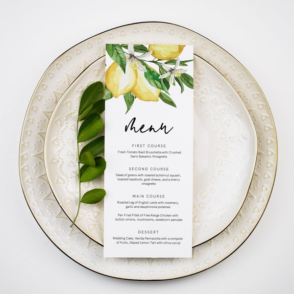 Modèle de menu citron, menu agrumes, carte de menu imprimable pour le dîner de mariage, texte 100 % modifiable, téléchargement immédiat, Templett