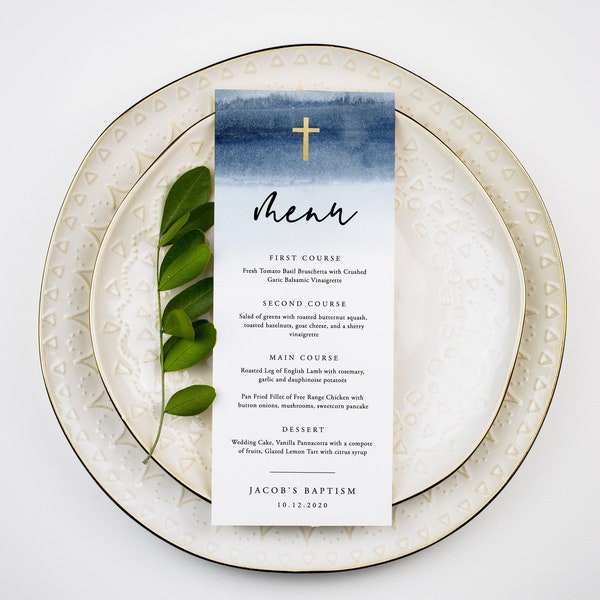 Blue Watercolor Menu Baptism Template, Editable Baptism Menu, Printable Menu Baptism, Shower, Dinner, Brunch, Instant Download