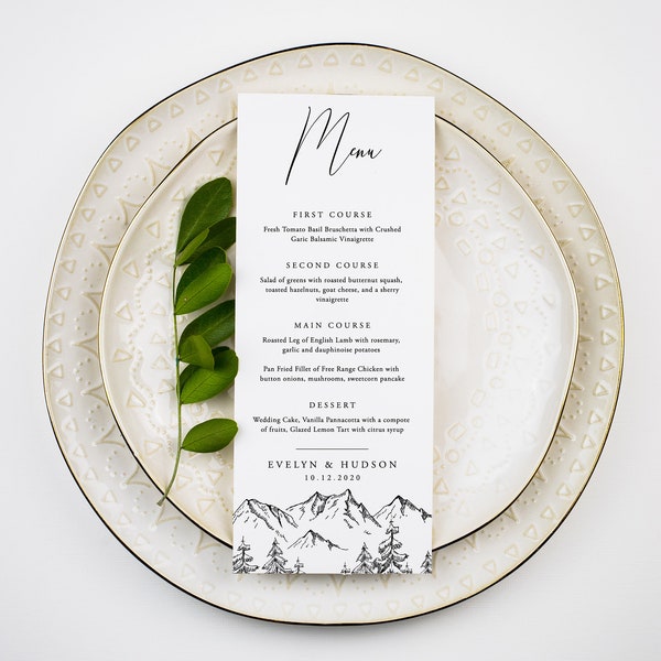 Modèle de menu de montagne, pin des bois, carte de menu imprimable pour le dîner de mariage, texte 100 % modifiable, TÉLÉCHARGEMENT IMMÉDIAT, Templett, 001