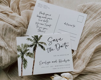 Save the Date Postcard Template, Printable Tropical Destination Save the Date, Beach Save the Date Instant Download, Palm Wedding, 44