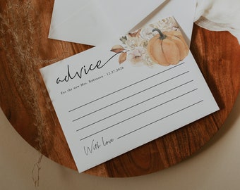 Pumpkin Advice Card Template, Editable Pumpkin Bridal Shower Advice, Wedding Advice, Bridal Advice, Boho, Instant Download, Templett, 032