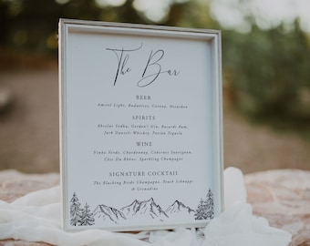 Mountain Wedding Bar Menu Template, Pine Bar Menu Wedding Sign, Wedding Drink Sign Printable, Editable, Download, Template, 001
