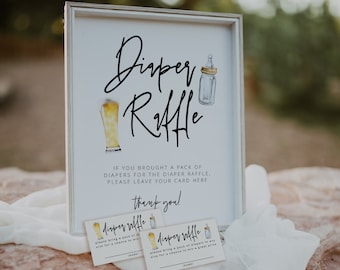 May include: A white sign with black text that reads "Diaper Raffle". The sign has a drawing of a beer bottle and a baby bottle. There are two smaller white cards with the text "Diaper Raffle" and a drawing of a beer bottle and a baby bottle.